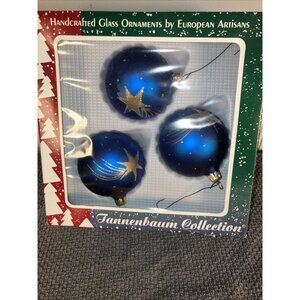 Set Of 3 Handcrafted Glass Christmas  Ornaments Poland Tannenbaum Blue gold